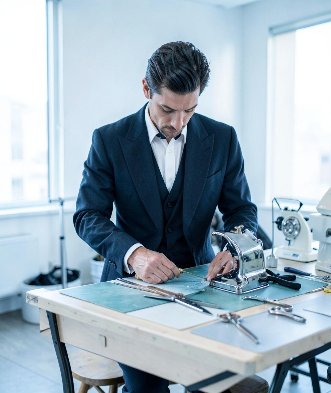 Tailor working at a cutting table in the James Design studio